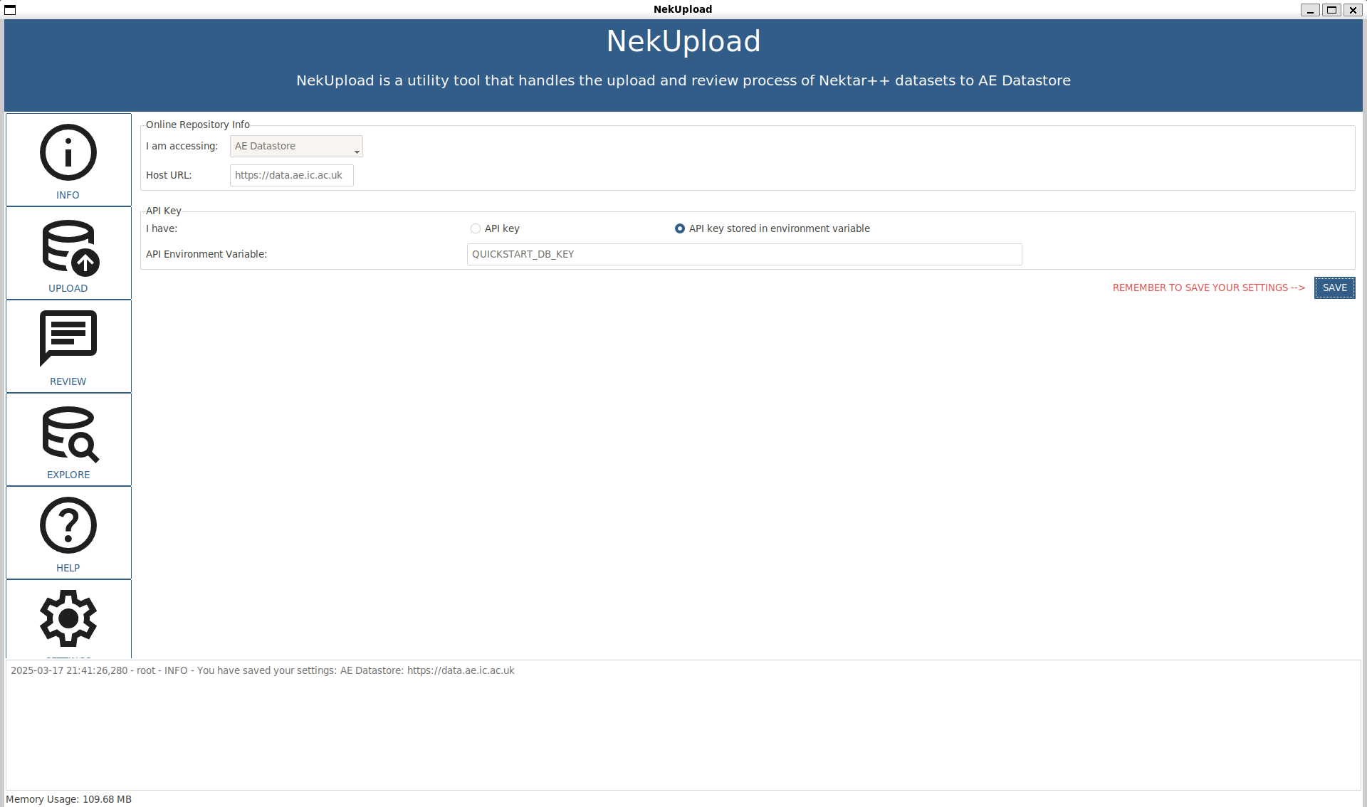 NekUpload app SETTINGS